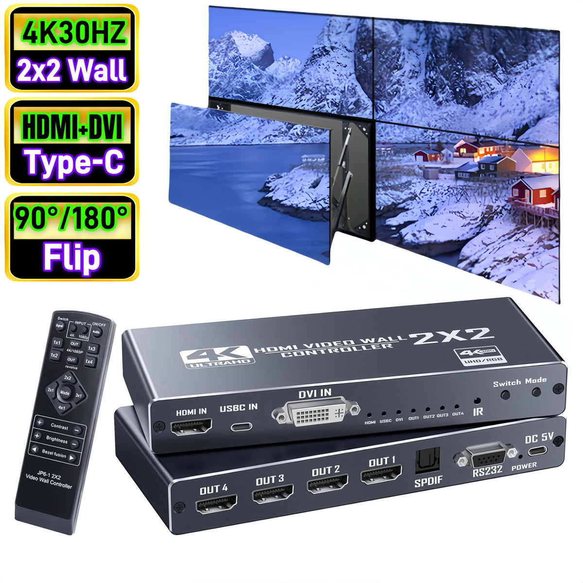 4K 2x2 4 Screen USB-C or HDMI/DVI Video Wall Controller Processor Display