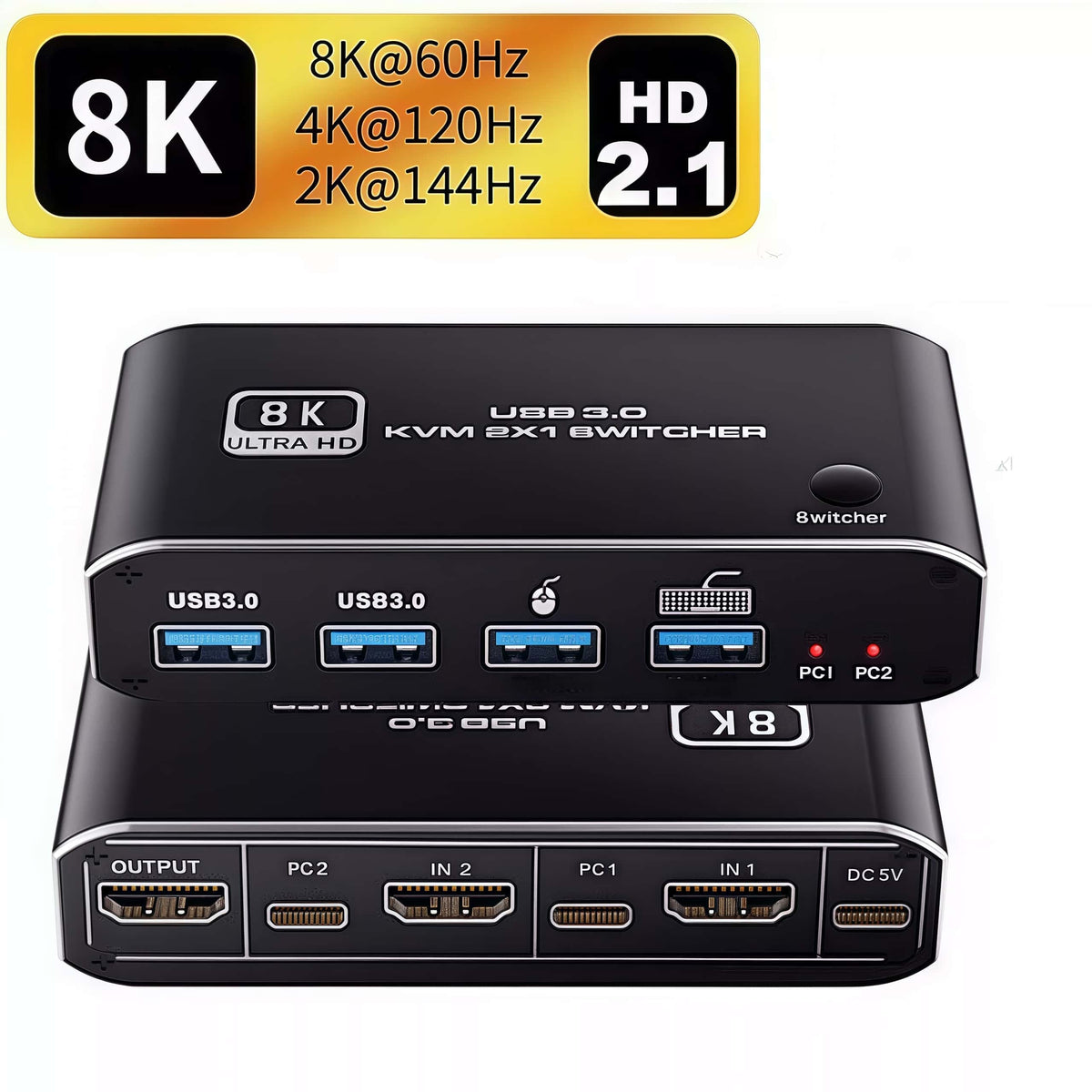 2-Port HDMI KVM Switcher, 2x1 8K USB 3.0 KVM Switch with HDMI 2.1 Ports and 4x USB 3.0 Ports, Enables Sharing of One Monitor and 4 Peripheral Devices Between Two Computers, Supports 8K 60Hz, 4K 120Hz, YUV 4:4:4, HDCP 2.3, and HDR10