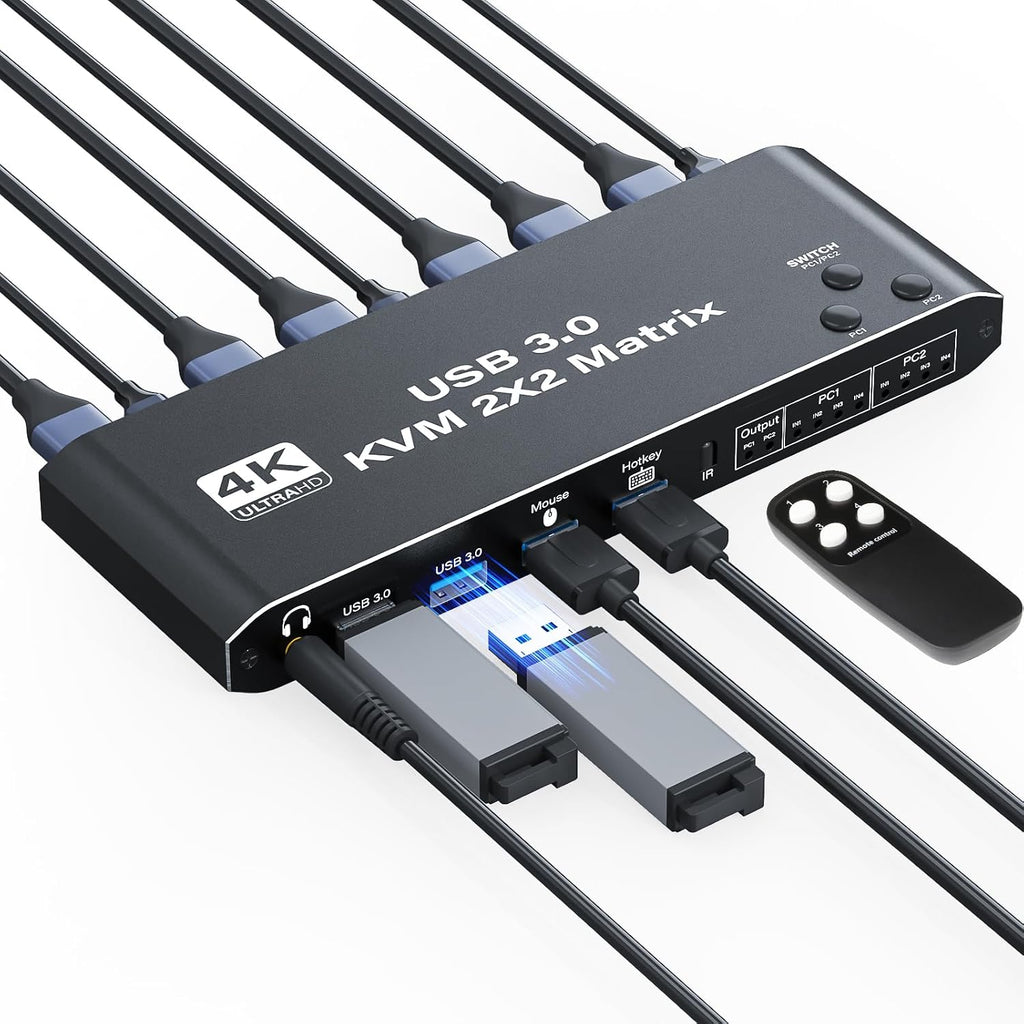 2x2 USB3.0 KVM Matrix Switcher, 2 Computers 2 Monitors HDMI 2.0 4K@60Hz HDCP2.3, Share Keyboard Mouse USB Peripherals, 3.5mm Audio Output, Button Hotkey & IR Remote Control