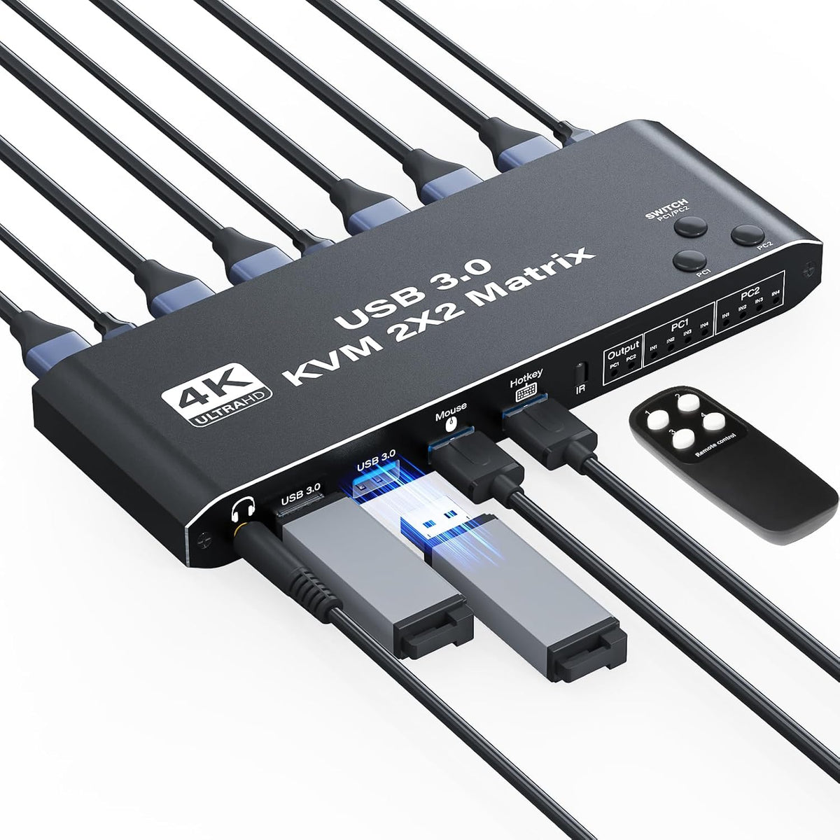 2x2 USB3.0 KVM Matrix Switcher, 2 Computers 2 Monitors HDMI 2.0 4K@60Hz HDCP2.3, Share Keyboard Mouse USB Peripherals, 3.5mm Audio Output, Button Hotkey & IR Remote Control