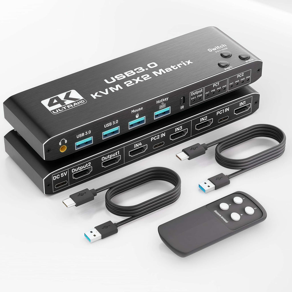 2x2 USB3.0 KVM Matrix Switcher, 2 Computers 2 Monitors HDMI 2.0 4K@60Hz HDCP2.3, Share Keyboard Mouse USB Peripherals, 3.5mm Audio Output, Button Hotkey & IR Remote Control