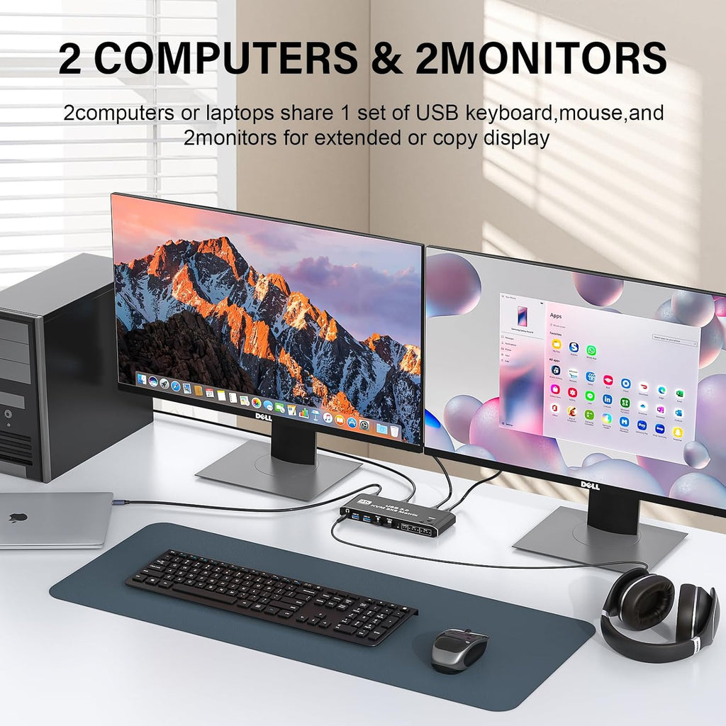 2x2 USB3.0 KVM Matrix Switcher, 2 Computers 2 Monitors HDMI 2.0 4K@60Hz HDCP2.3, Share Keyboard Mouse USB Peripherals, 3.5mm Audio Output, Button Hotkey & IR Remote Control