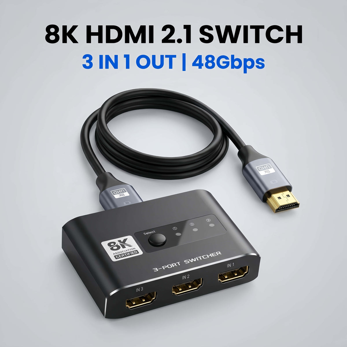 3x1 HDMI 2.1 Switch 8K 60Hz, Aluminum Alloy 8K@60Hz HDMI Switch 3 in 1 Out, 8K Hdmi Selector Switcher for Game Consoles, Fire Stick