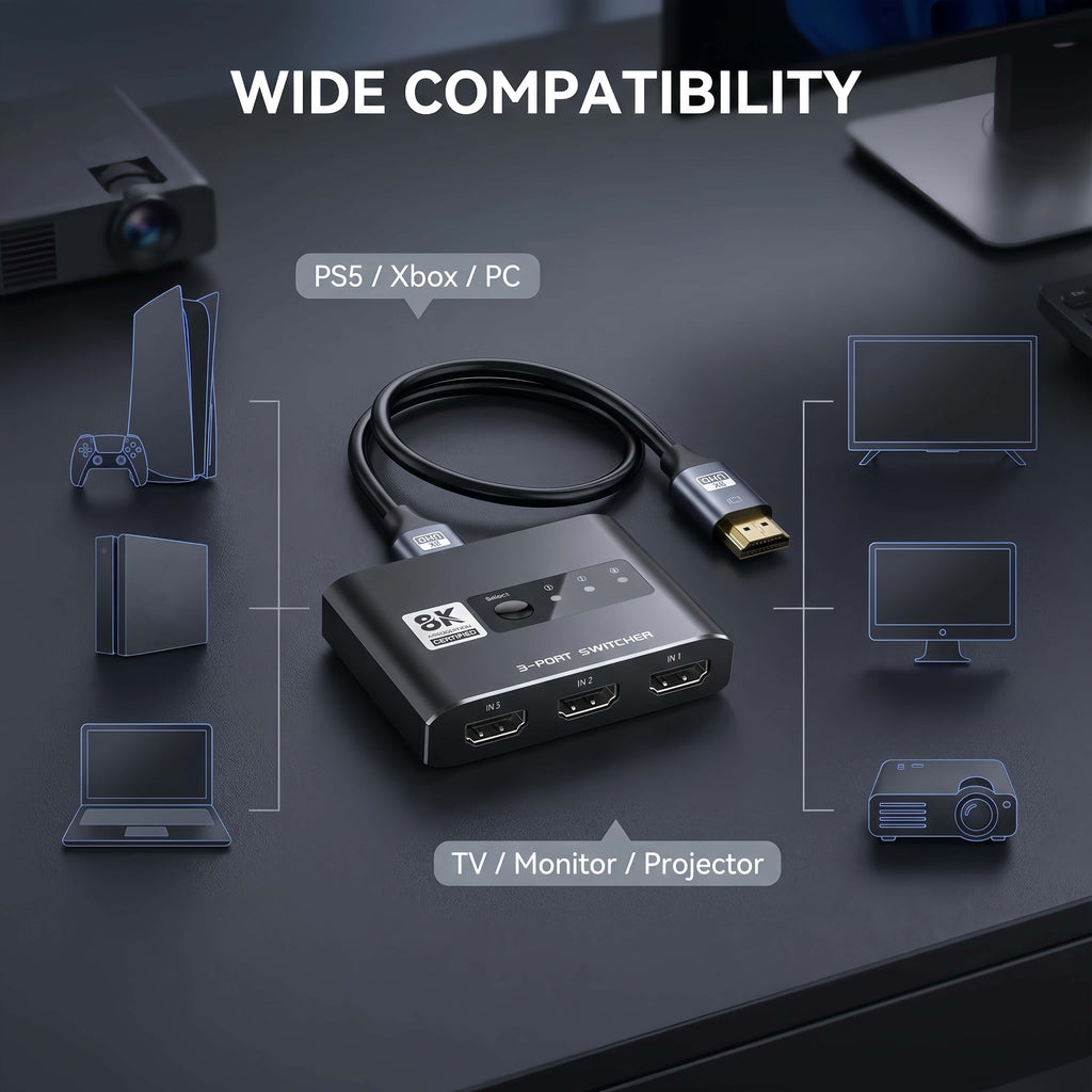 3x1 HDMI 2.1 Switch 8K 60Hz, Aluminum Alloy 8K@60Hz HDMI Switch 3 in 1 Out, 8K Hdmi Selector Switcher for Game Consoles, Fire Stick