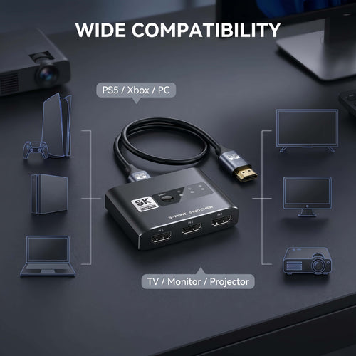 3x1 HDMI 2.1 Switch 8K 60Hz, Aluminum Alloy 8K@60Hz HDMI Switch 3 in 1 Out, 8K Hdmi Selector Switcher for Game Consoles, Fire Stick