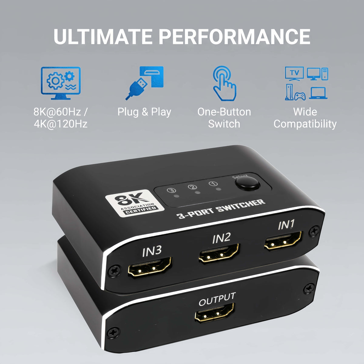 3x1 HDMI 2.1 Switch 8K 60Hz, Aluminum Alloy 8K@60Hz HDMI Switch 3 in 1 Out, 8K Hdmi Selector Switcher for Game Consoles, Fire Stick