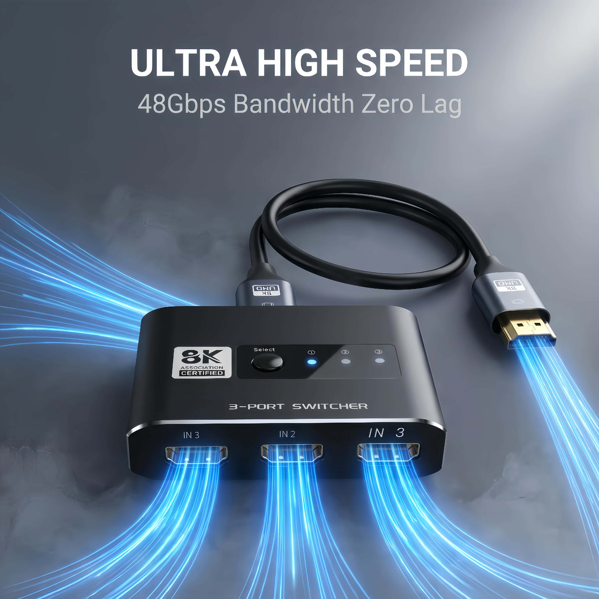 3x1 HDMI 2.1 Switch 8K 60Hz, Aluminum Alloy 8K@60Hz HDMI Switch 3 in 1 Out, 8K Hdmi Selector Switcher for Game Consoles, Fire Stick