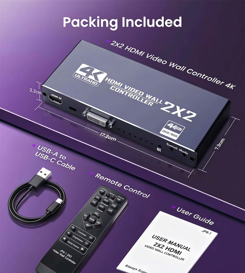 
4K 2x2 4 Screen USB-C or HDMI/DVI Video Wall Controller Processor Display, USB-C Input for Laptops Tablets Phones, 8 Display Modes, 4K@30Hz, Edge Masking, 90°/180° Image Rotation, SPDIF 5.1CH Audio for TV Splicing Digital Signage