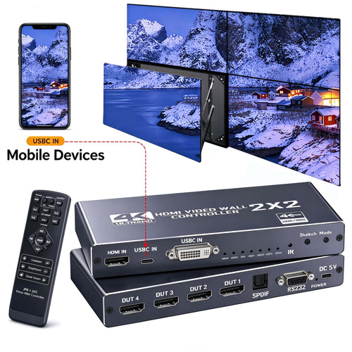 
4K 2x2 4 Screen USB-C or HDMI/DVI Video Wall Controller Processor Display, USB-C Input for Laptops Tablets Phones, 8 Display Modes, 4K@30Hz, Edge Masking, 90°/180° Image Rotation, SPDIF 5.1CH Audio for TV Splicing Digital Signage