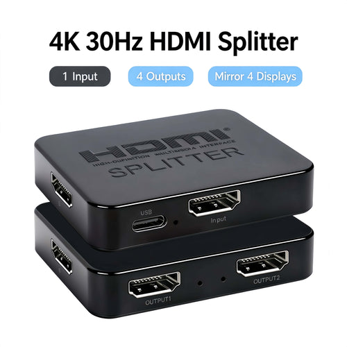 4K 30Hz HDMI Splitter 1 in 4 Out, Mirror 4 Displays Simultaneously, HDCP, USB-C Powered, HDMI Duplicator for TV, Monitor, Advertising Screen