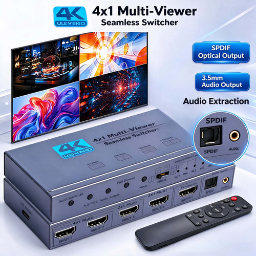 4K 4x1 HDMI Multi-Viewer Seamless Switcher, 4 In 1 Out HDMI Quad Screen Splitter with SPDIF Optical + 3.5mm Audio Extraction, Multi-Mode Split Display for Security, Gaming, Live Stream