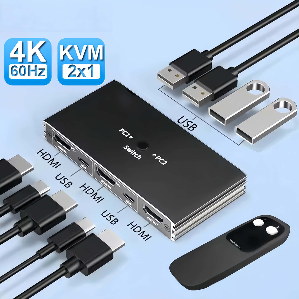 4K@60Hz HDMI 2x1 KVM Switcher HDMI KVM USB Switch Selector 2 In 1 Out with 4 Port USB for PC Loptop Support Monitor Printer
