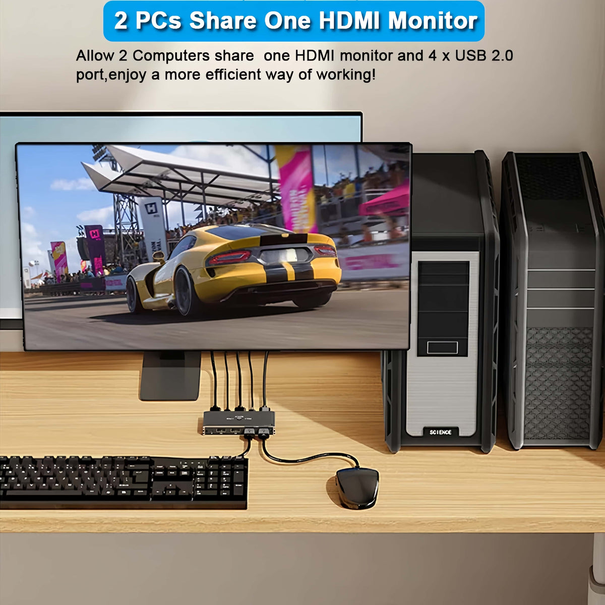 4K@60Hz HDMI 2x1 KVM Switcher HDMI KVM USB Switch Selector 2 In 1 Out with 4 Port USB for PC Loptop Support Monitor Printer