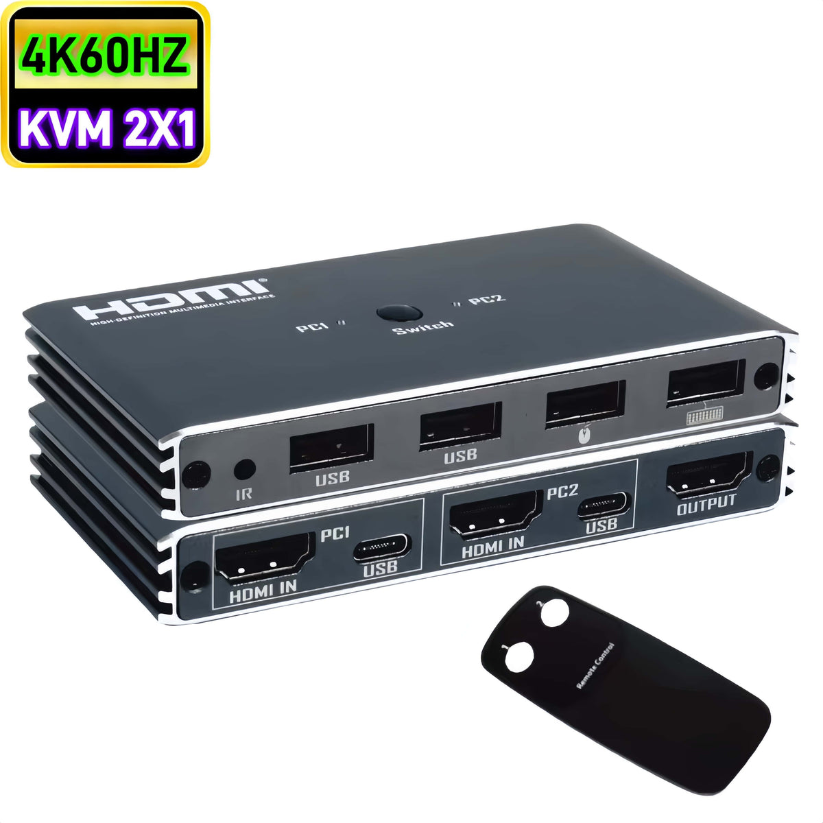 4K@60Hz HDMI 2x1 KVM Switcher HDMI KVM USB Switch Selector 2 In 1 Out with 4 Port USB for PC Loptop Support Monitor Printer
