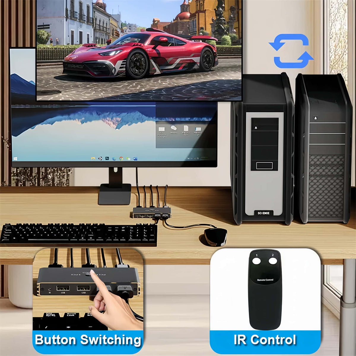4K@60Hz HDMI 2x1 KVM Switcher HDMI KVM USB Switch Selector 2 In 1 Out with 4 Port USB for PC Loptop Support Monitor Printer
