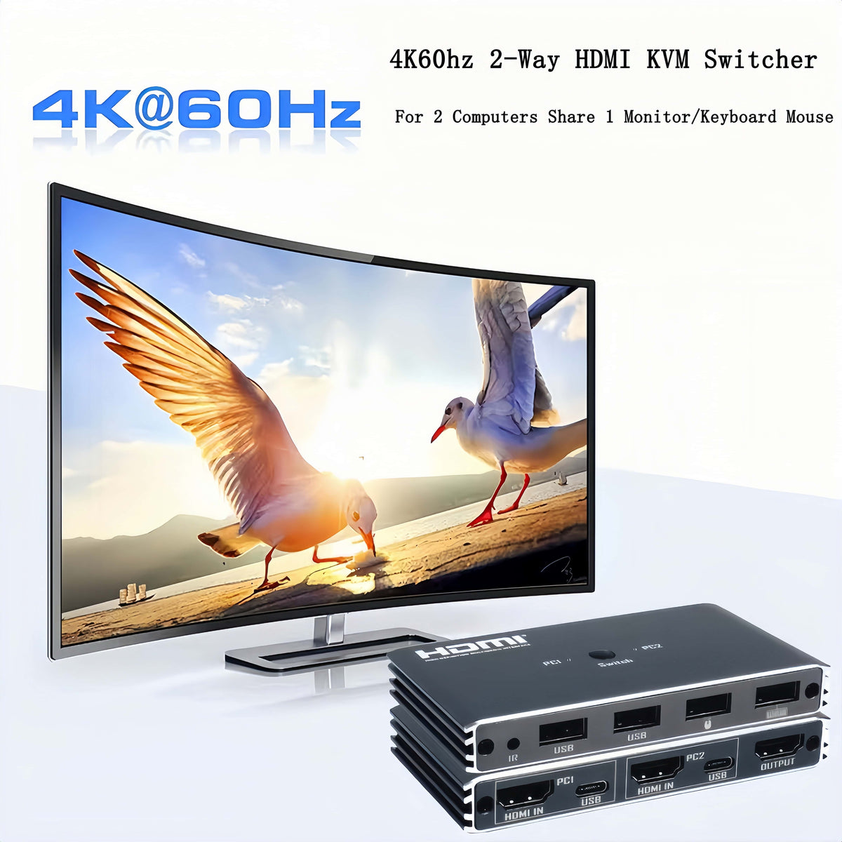 4K@60Hz HDMI 2x1 KVM Switcher HDMI KVM USB Switch Selector 2 In 1 Out with 4 Port USB for PC Loptop Support Monitor Printer