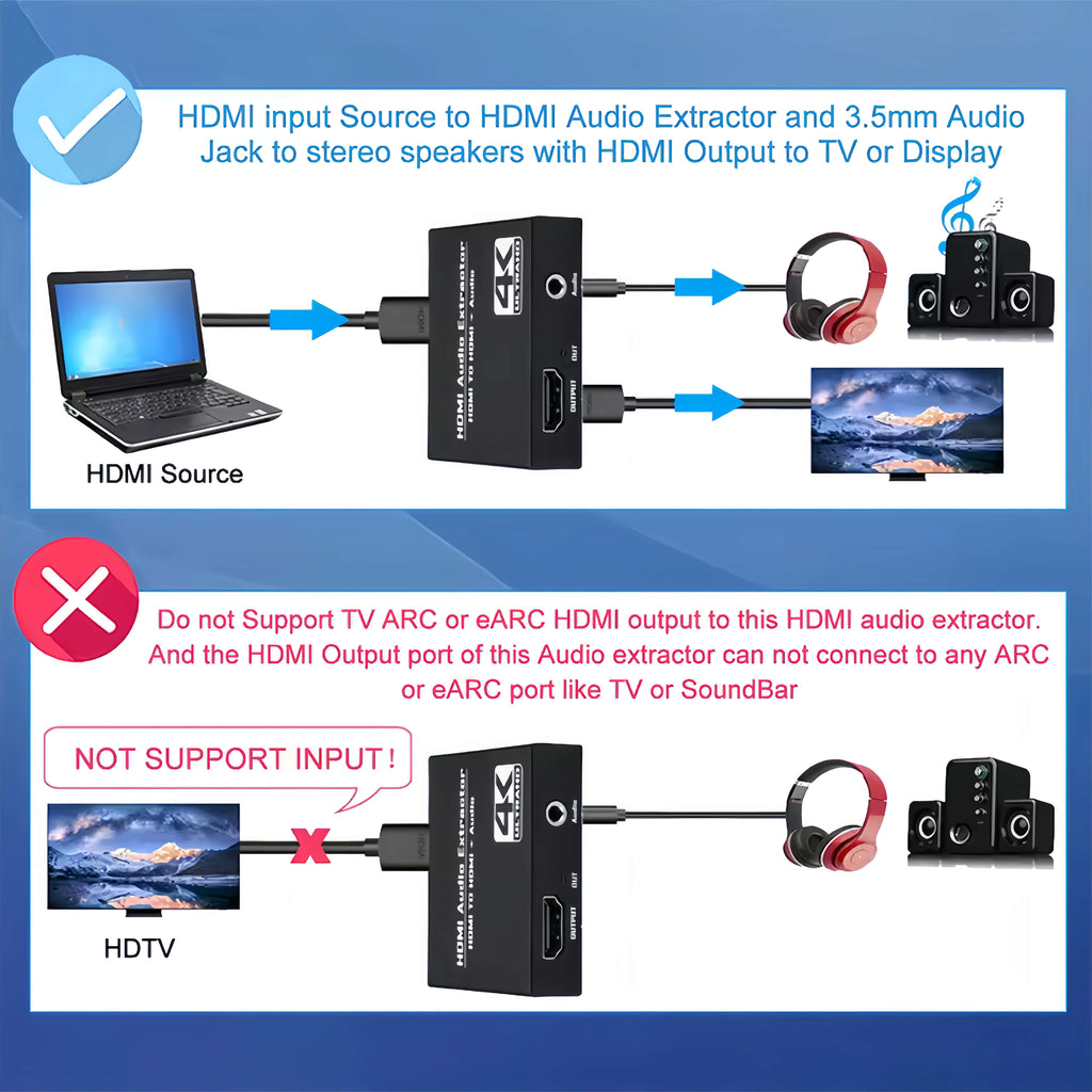4K HDMI Audio Extractor, HDMI to HDMI + 3.5mm Stereo Audio Converter, 4K@60Hz HDMI Audio Splitter for PS5, Xbox, Fire Stick, Monitor, TV