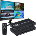 
[4K Quad Multi-Viewer] 4K@30Hz 1pc HDMI Quad Multi-Viewer Switcher - Seamless 4x1 Output with 5 Display Modes - Push Button Control, IR Remote Included, No Battery Required for TV/PC/STB/DVD