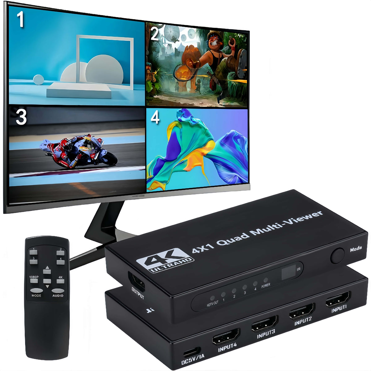 
[4K Quad Multi-Viewer] 4K@30Hz 1pc HDMI Quad Multi-Viewer Switcher - Seamless 4x1 Output with 5 Display Modes - Push Button Control, IR Remote Included, No Battery Required for TV/PC/STB/DVD