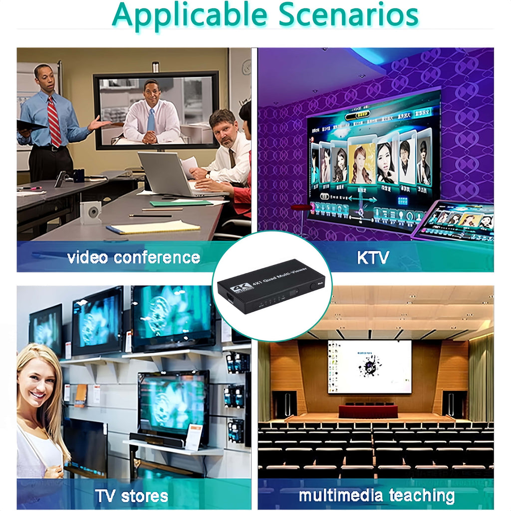 [4K Quad Multi-Viewer] 4K@30Hz 1pc HDMI Quad Multi-Viewer Switcher - Seamless 4x1 Output with 5 Display Modes - Push Button Control, IR Remote Included, No Battery Required for TV/PC/STB/DVD