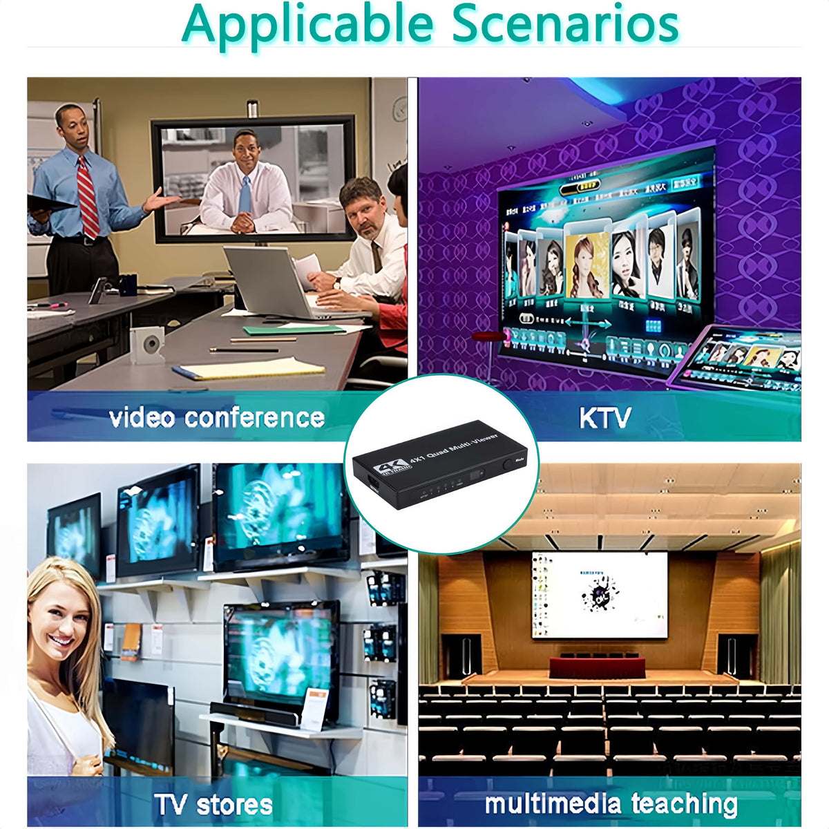 [4K Quad Multi-Viewer] 4K@30Hz 1pc HDMI Quad Multi-Viewer Switcher - Seamless 4x1 Output with 5 Display Modes - Push Button Control, IR Remote Included, No Battery Required for TV/PC/STB/DVD