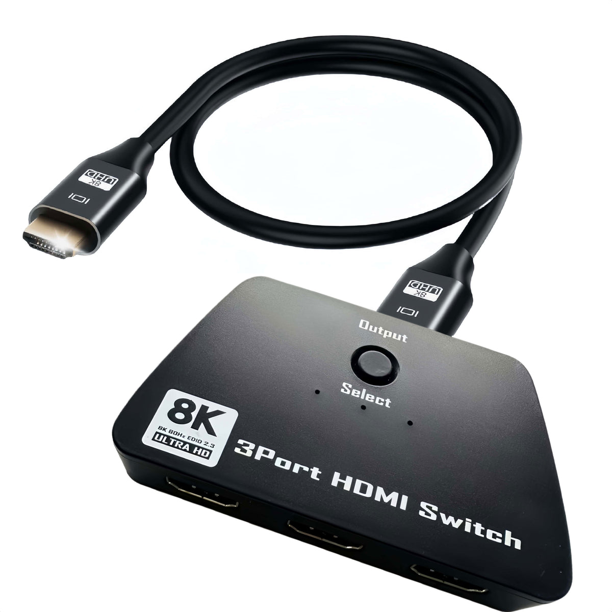8K 60Hz 3 Port HDMI Switch 3 in 1 Out with Built-in HDMI Cable, HDMI 2.1 48Gbps HDCP2.3, 4K 120Hz Manual Selector for PS5 Xbox PC Monitor