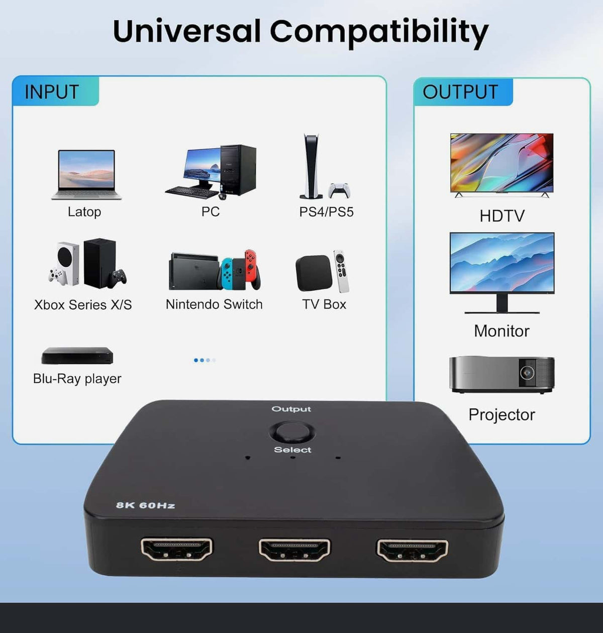 8K 60Hz 3 Port HDMI Switch 3 in 1 Out with Built-in HDMI Cable, HDMI 2.1 48Gbps HDCP2.3, 4K 120Hz Manual Selector for PS5 Xbox PC Monitor