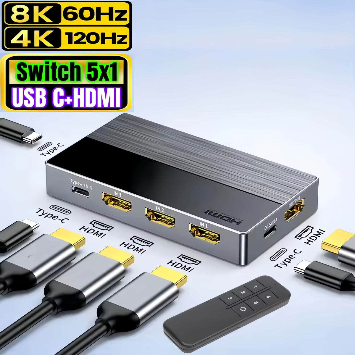 8K 60Hz HDMI + USB-C Switch 5 in 1 Out, 3 HDMI 2.1 + 2 Type-C Video Input, 4K 120Hz HDCP2.3, Mixed Input Switcher for MacBook, PC, PS5, Xbox, Monitor
