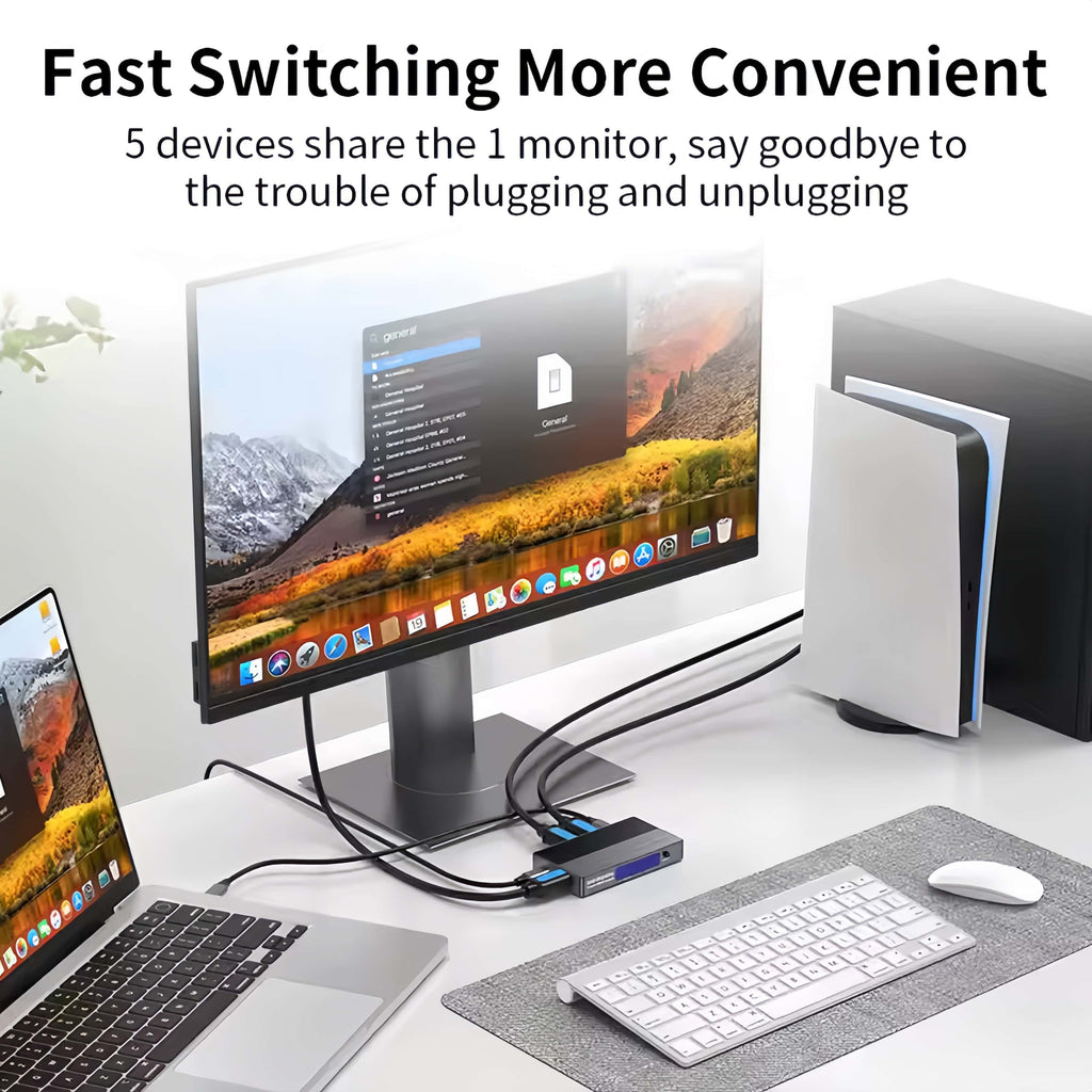 8K 60Hz HDMI + USB-C Switch 5 in 1 Out, 3 HDMI 2.1 + 2 Type-C Video Input, 4K 120Hz HDCP2.3, Mixed Input Switcher for MacBook, PC, PS5, Xbox, Monitor