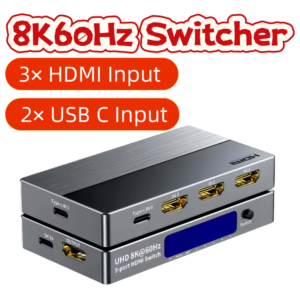 8K 60Hz HDMI + USB-C Switch 5 in 1 Out, 3 HDMI 2.1 + 2 Type-C Video Input, 4K 120Hz HDCP2.3, Mixed Input Switcher for MacBook, PC, PS5, Xbox, Monitor