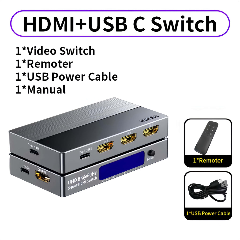8K 60Hz HDMI + USB-C Switch 5 in 1 Out, 3 HDMI 2.1 + 2 Type-C Video Input, 4K 120Hz HDCP2.3, Mixed Input Switcher for MacBook, PC, PS5, Xbox, Monitor