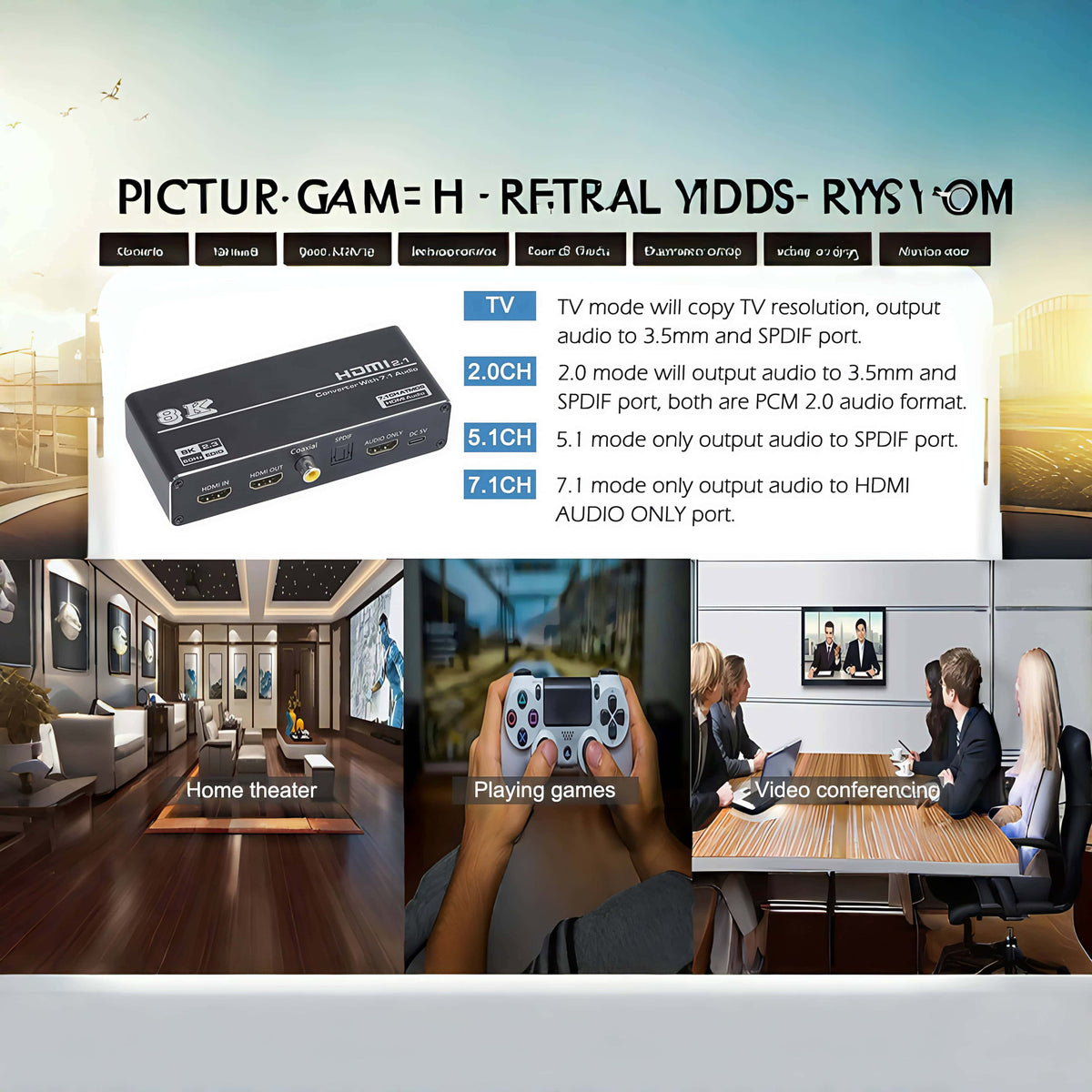 8K 60hz HDMI Audio Extractor Splitter, Supports HDMI 2.1, HDR, VRR, HDCP2.3 - Convert Audio to HDMI, Coaxial, 7.1Ch, Optical, 3.5mm and Coaxial