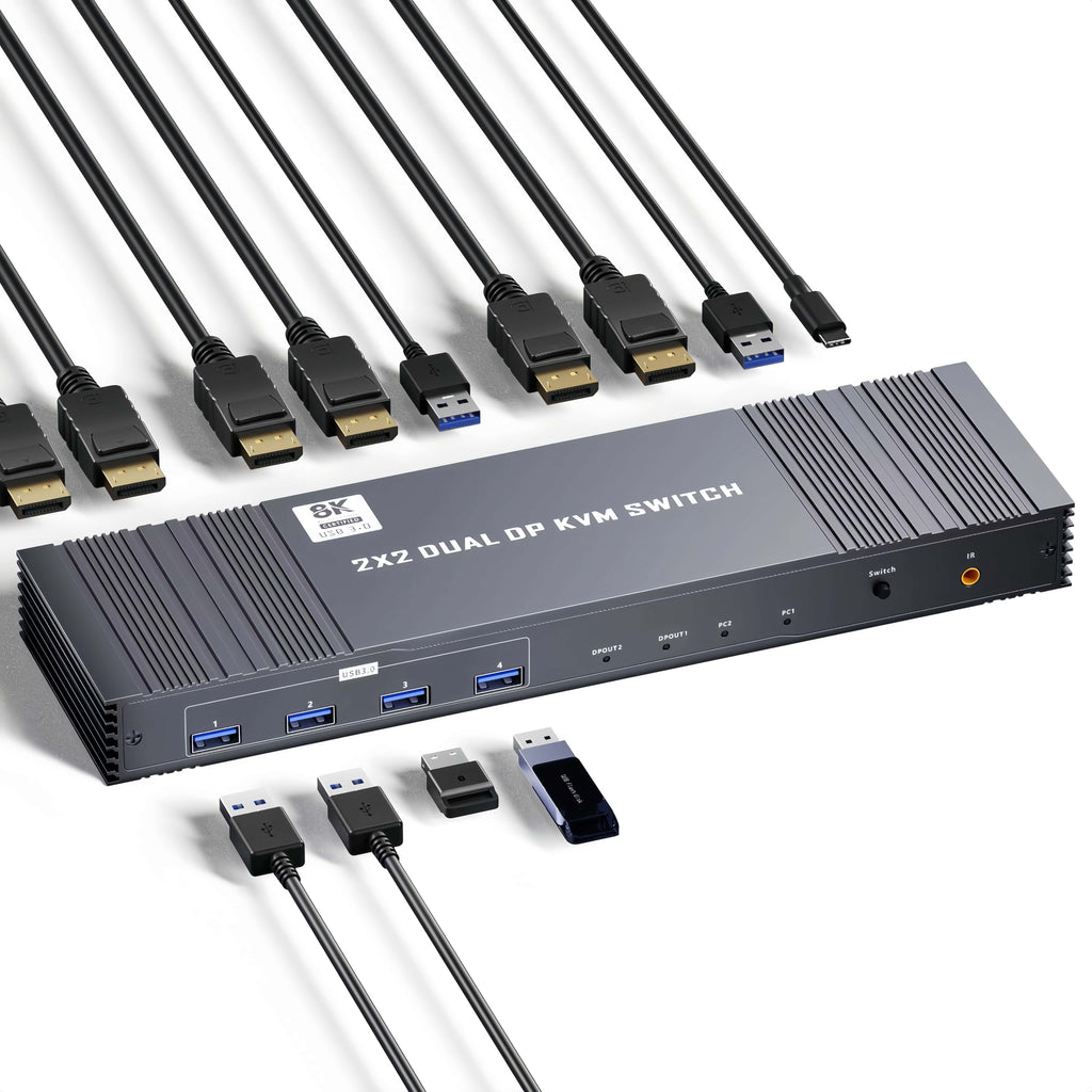 8K Displayport KVM Switcher for 2 Monitors 2 Computers 4K@120Hz DP KVM Switch Dual Monitor for 2 PC Sharing 2 Monitor of 1 Set Keyboard Mouse and USB Device with IR Controller