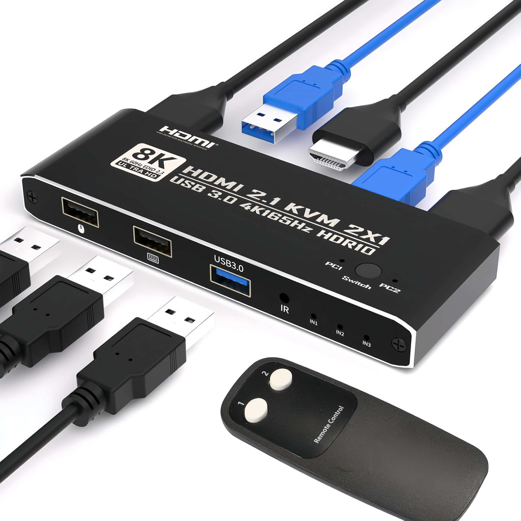 8K KVM Switch HDMI 2.1, 2 Port USB 3.0 KVM Switcher 2 in 1 Out with Remote Control, 8K@60Hz 4K@165Hz HDMI Switcher for 2 Computers Sharing Keyboard Mouse Monitor USB Devices