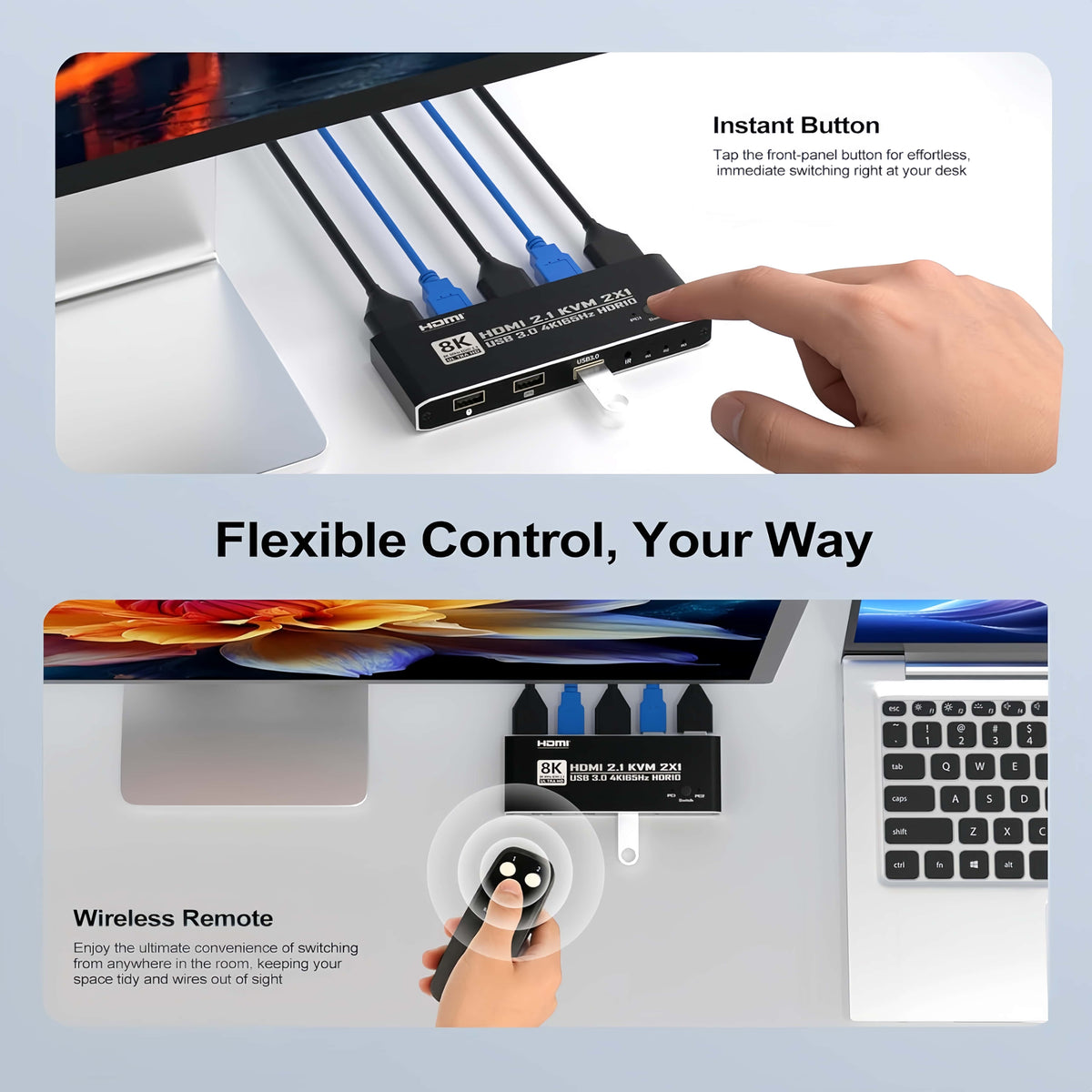 8K KVM Switch HDMI 2.1, 2 Port USB 3.0 KVM Switcher 2 in 1 Out with Remote Control, 8K@60Hz 4K@165Hz HDMI Switcher for 2 Computers Sharing Keyboard Mouse Monitor USB Devices
