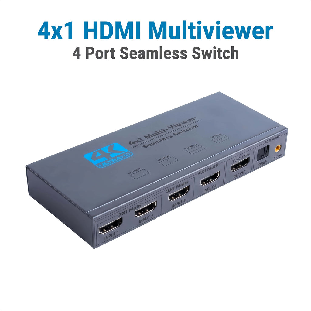 HDMI Multiviewer Switch 4x1 with Audio Extractor,Seamless Switcher Quad Multi-Viewer HDMI Switcher 4 in 1 Out Supports 4K HD,1080p 60Hz,Upgrade 13 Display Modes with LPCM Audio Extractor and IR Remote for Security Camera and Gaming Consoles