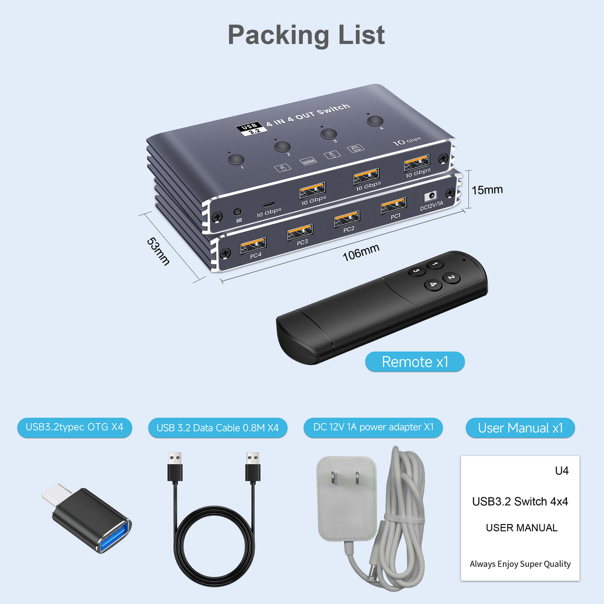 KVM USB C Switch with Controller 4 Computers Share 4 10Gbps USB 3.2 Gen 2 USB Switcher Selector for PC Laptop Keyboard