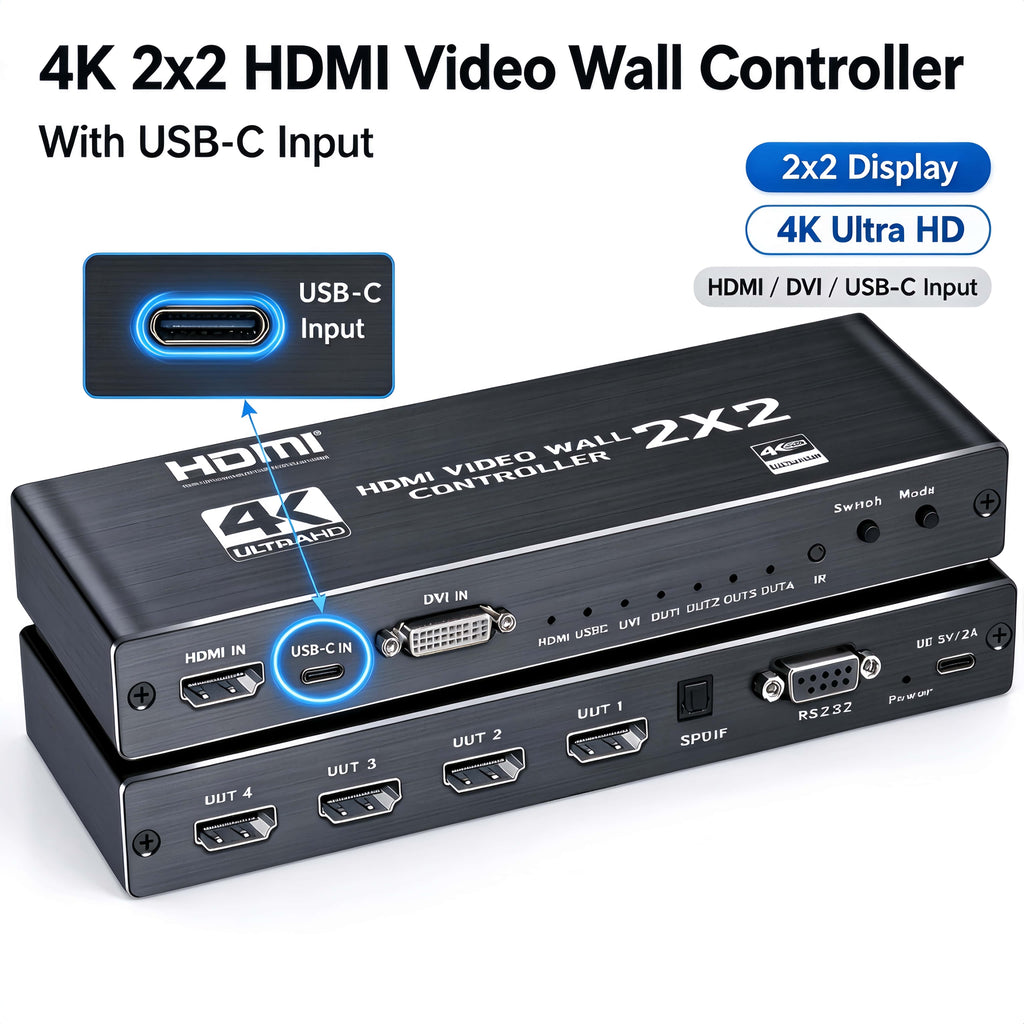4K 2x2 4 Screen USB-C or HDMI/DVI Video Wall Controller Processor Display
