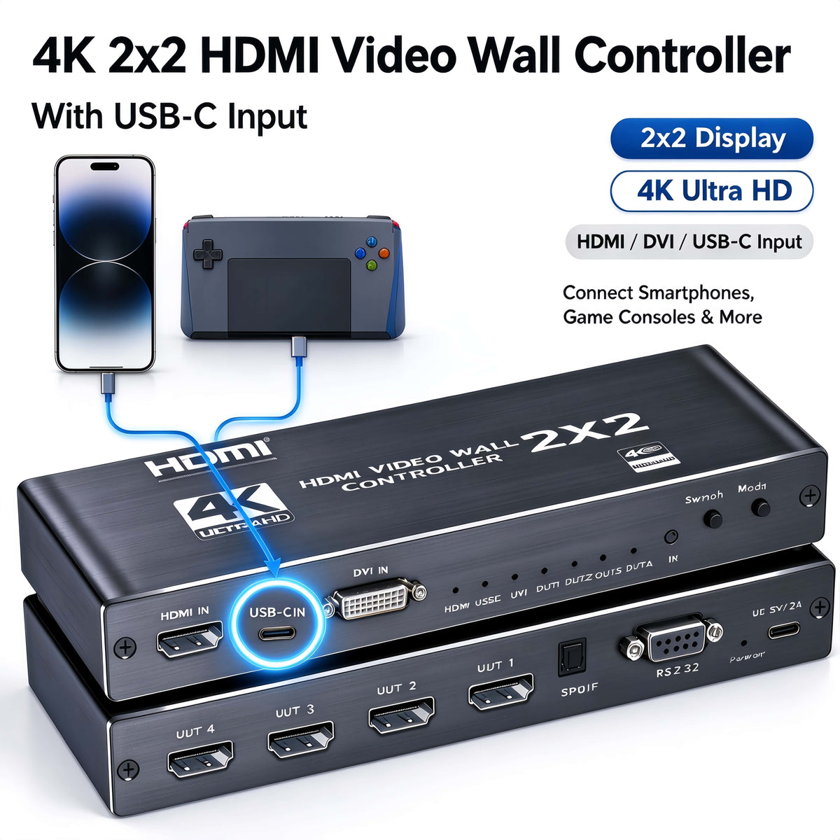 4K 2x2 4 Screen USB-C or HDMI/DVI Video Wall Controller Processor Display