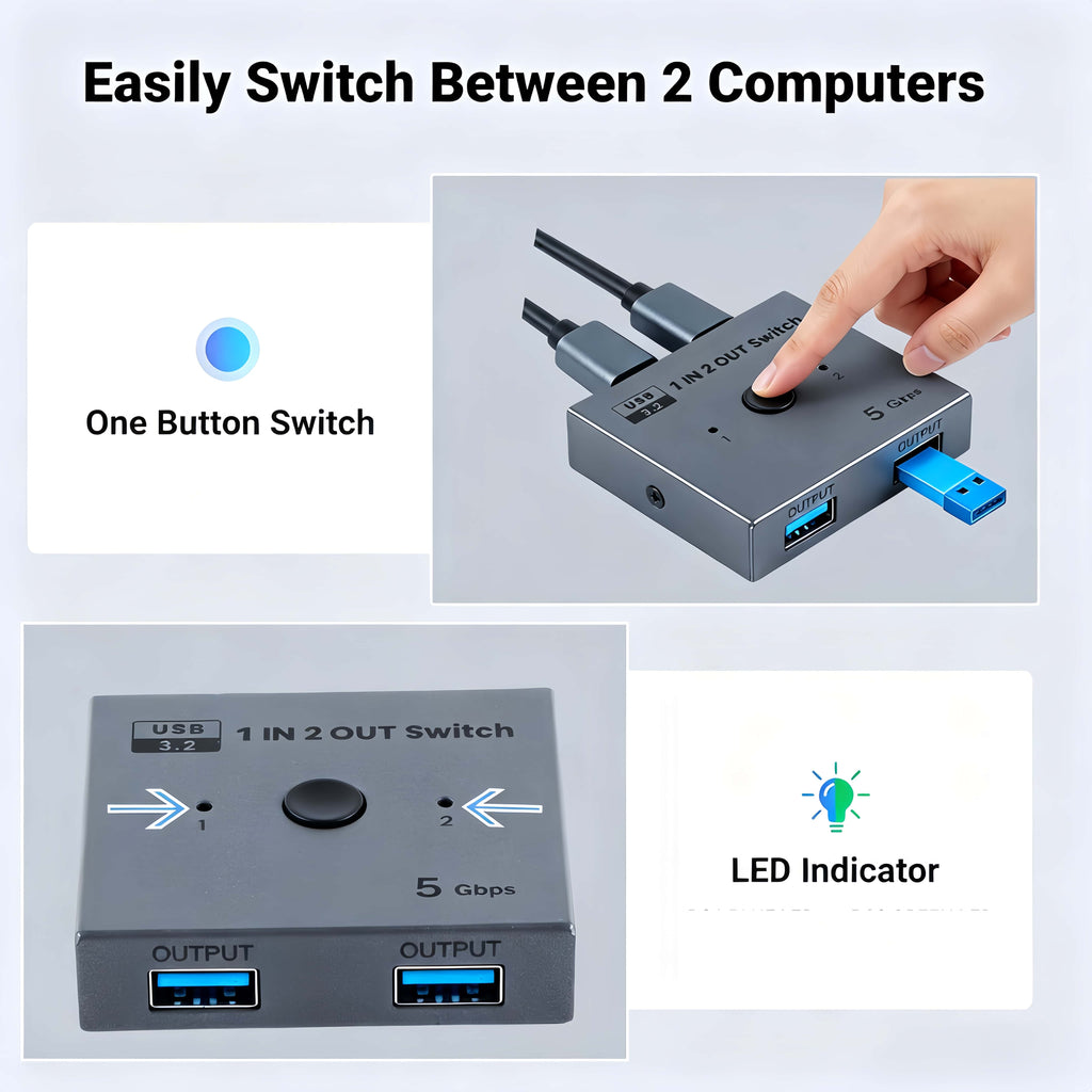 USB 3.0 Bidirectional Switch 2 in 1 Out / 1 in 2 Out, 5Gbps Manual USB Sharing Switcher for Two PCs Share Printer, Flash Drive, External Hard Drive