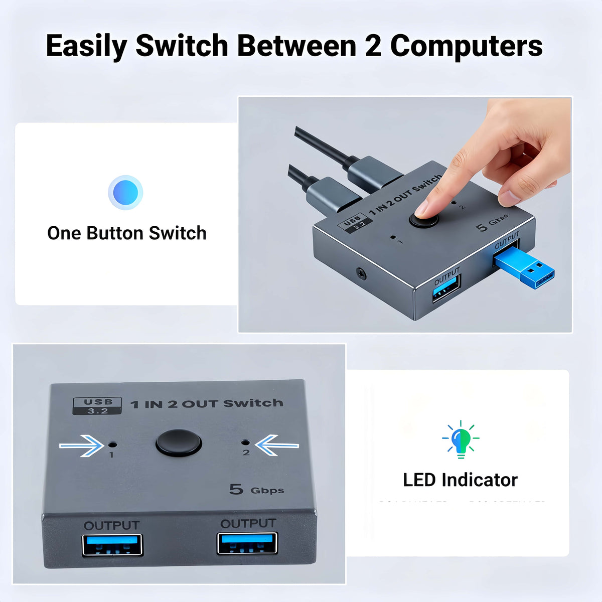 USB 3.0 Bidirectional Switch 2 in 1 Out / 1 in 2 Out, 5Gbps Manual USB Sharing Switcher for Two PCs Share Printer, Flash Drive, External Hard Drive