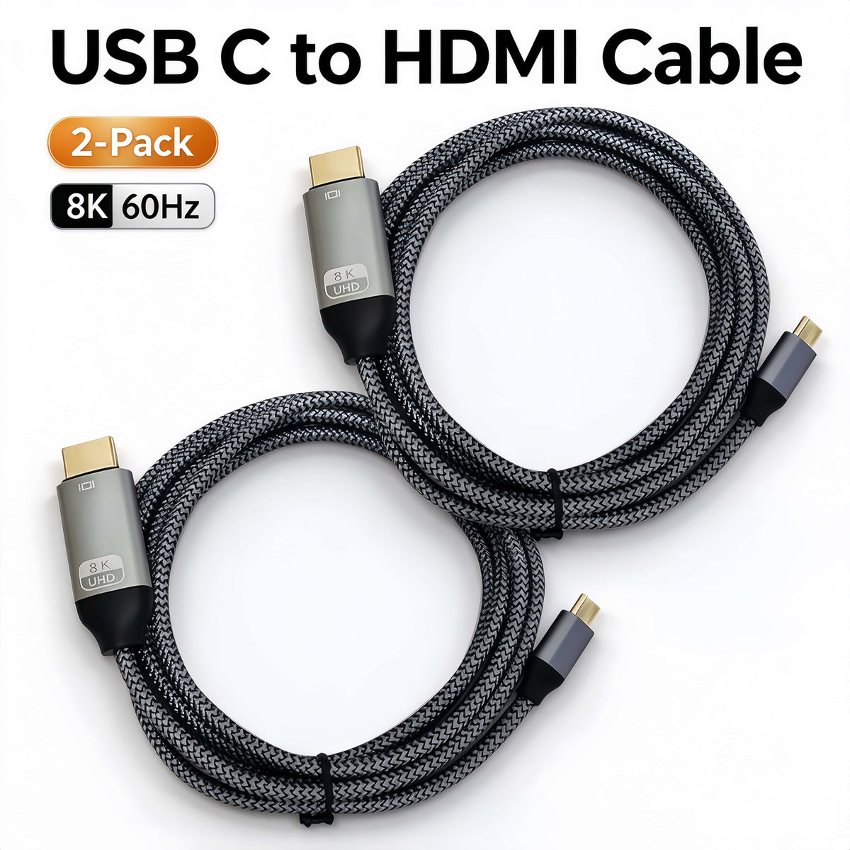 USB C to HDMI Cable 2-Pack 6ft, 8K@60Hz 4K@120Hz Type-C to HDMI Cord for Laptop Monitor TV
