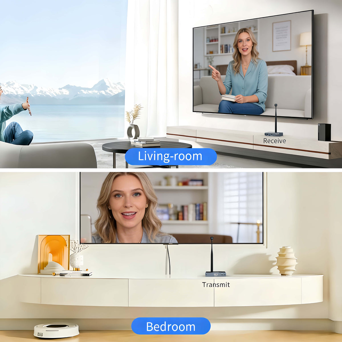 Wireless HDMI Transmitter and Receiver, 5.8GHz Wireless HDMI Extender Kit with Loop Out Support 590Ft/180m Up to 1080P@60hz Video Resolution, Support laptops, PCs, DVD, Digital Video Cameras etc
