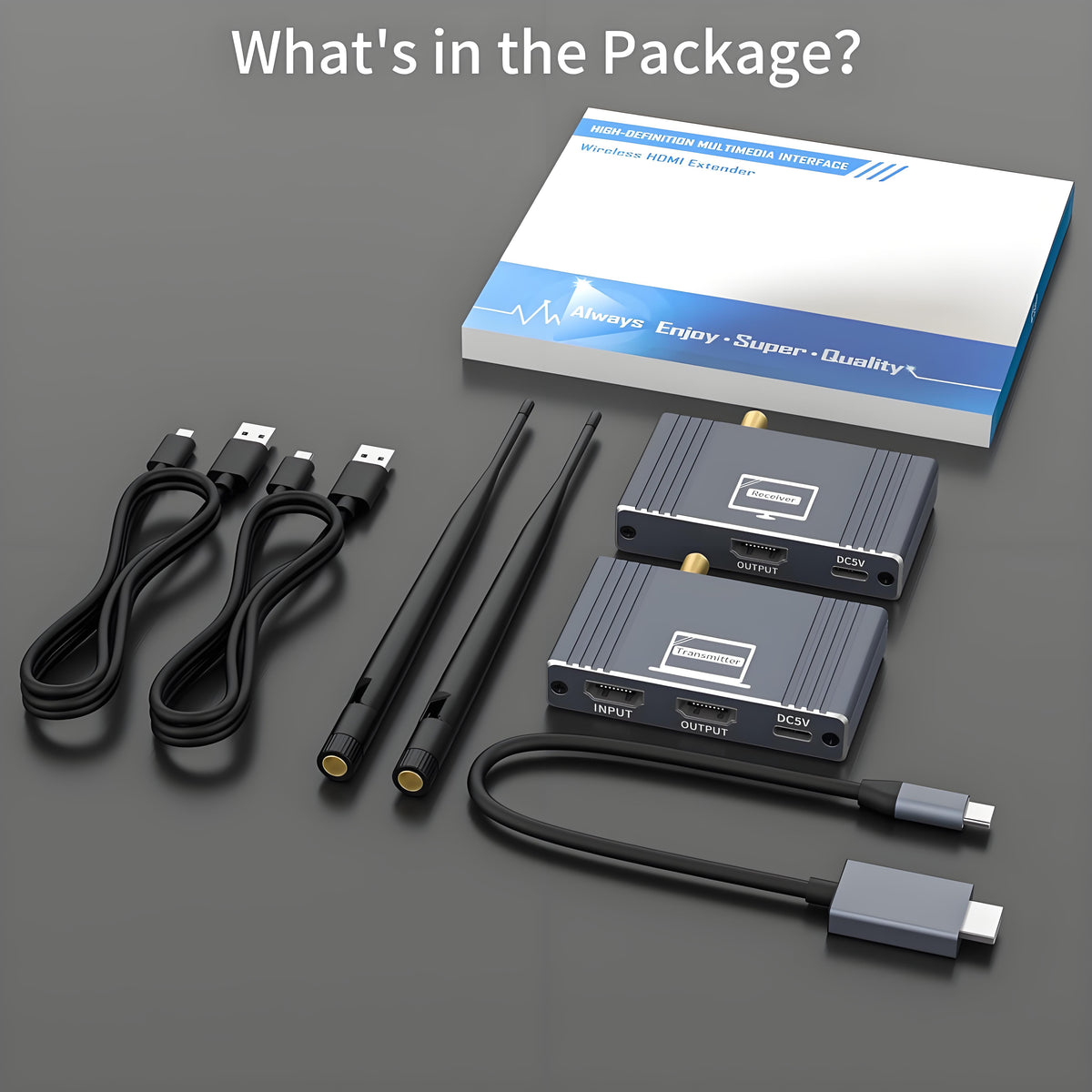 Wireless HDMI Transmitter and Receiver, 5.8GHz Wireless HDMI Extender Kit with Loop Out Support 590Ft/180m Up to 1080P@60hz Video Resolution, Support laptops, PCs, DVD, Digital Video Cameras etc