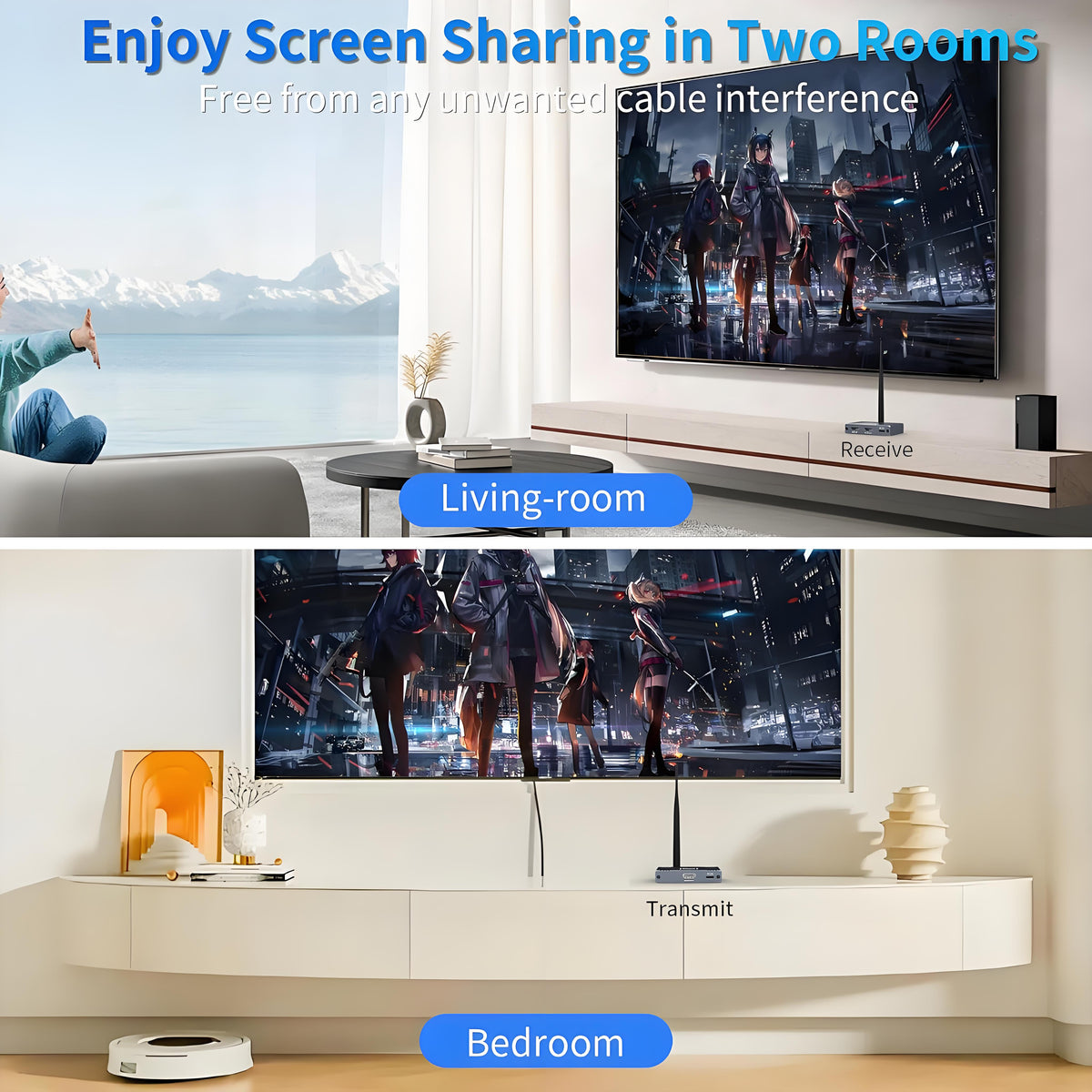 Wireless HDMI Transmitter and Receiver, 5.8GHz Wireless HDMI Extender Kit with Loop Out Support 590Ft/180m Up to 1080P@60hz Video Resolution, Support laptops, PCs, DVD, Digital Video Cameras etc