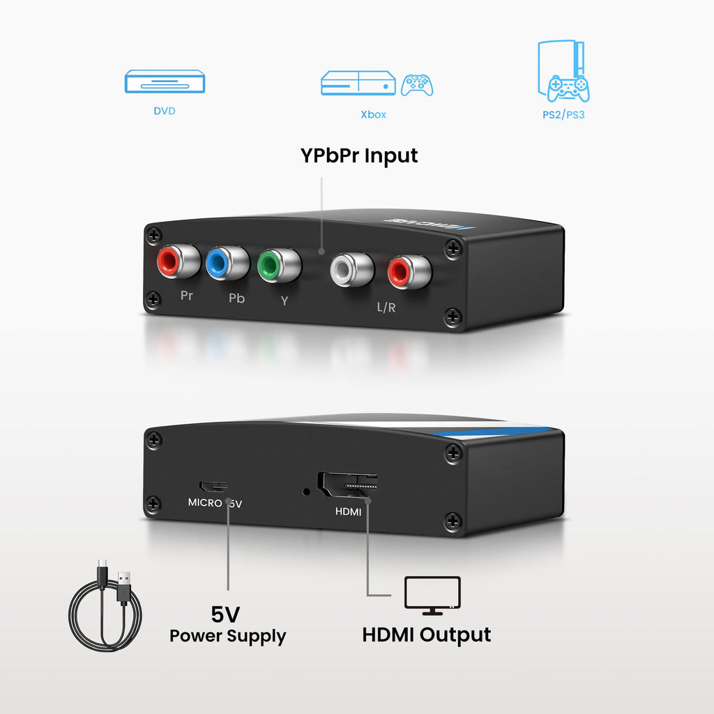 YPbPr Component to HDMI Converter 1080P@60Hz, 5RCA RGB YPbPr + R/L Analog Stereo Audio to HDMI Adapter for Old Component Source to Modern HDMI TV Monitor Projector