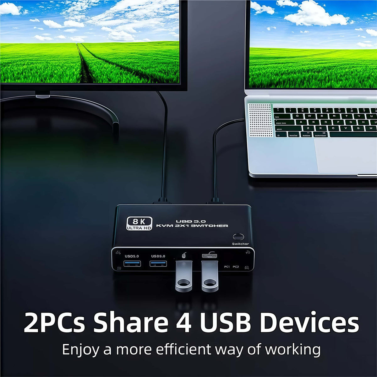 2-Port HDMI KVM Switcher, 2x1 8K USB 3.0 KVM Switch with HDMI 2.1 Ports and 4x USB 3.0 Ports, Enables Sharing of One Monitor and 4 Peripheral Devices Between Two Computers, Supports 8K 60Hz, 4K 120Hz, YUV 4:4:4, HDCP 2.3, and HDR10