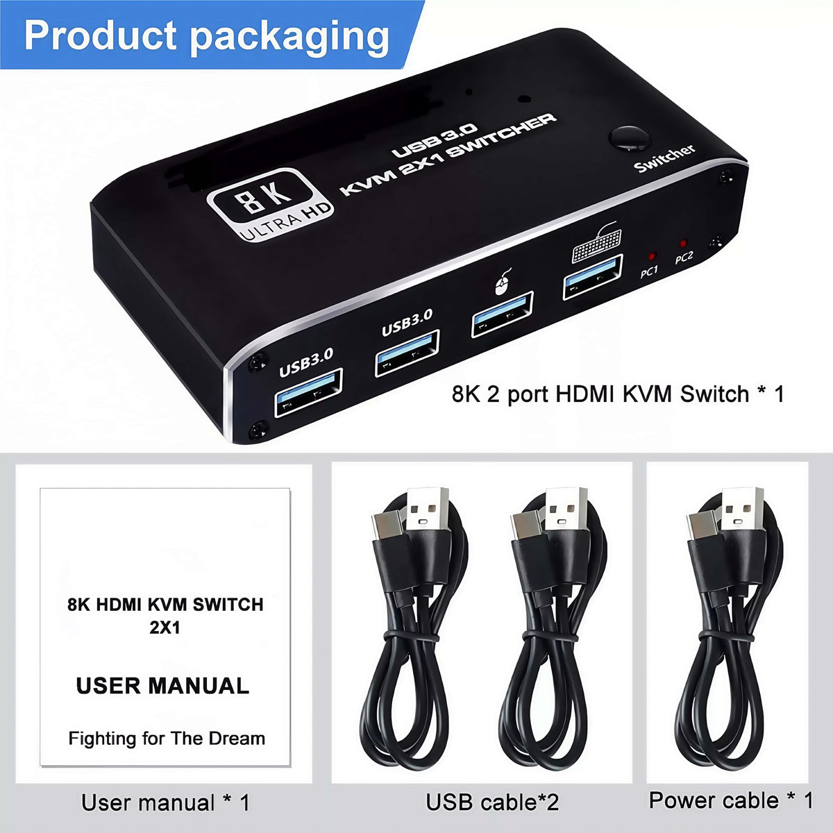 hdmi kvm switcher for 2 computer 1 monitors and 4 usb3.0 Devices .Supports 8K 60Hz, 4K 120Hz, YUV 4:4:4, HDCP 2.3, And HDR10